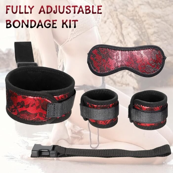 BDSM Neck to Wrist Restraints Bondage Set - Behind Back Handcuffs Collar with Blindfold Adjustable Bondage Set Bed SM Games Play Sex Toys for Couples Red - Image 5