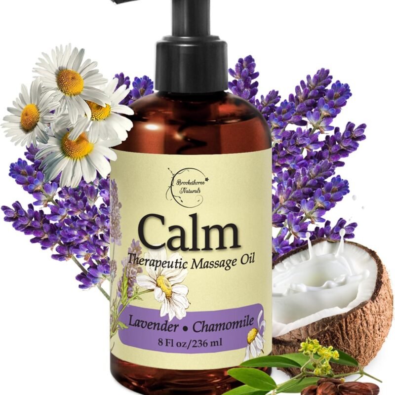 Calm Massage Oil for Massage Therapy with Lavender & Chamomile Essential Oils to Relax Sore Muscles | All Natural with Coconut, Grapeseed & Jojoba for Smooth Skin | Brookethorne Naturals 8oz