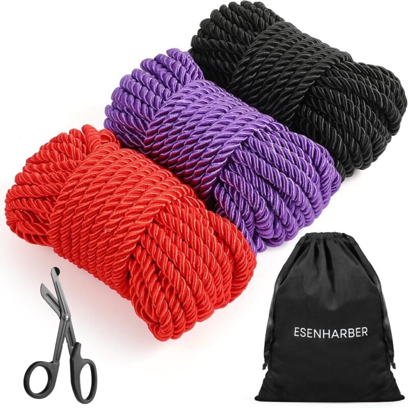 Shibari Rope, Japanese Rope Kit for Beginners and Experienced Riggers, Soft Ropes with Shears for Simple and Complex Knots, Set of Three 30 Ft 8mm Braided Ropes, 1 Safety Shears and 1 Storage Bag
