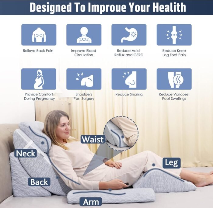 5pcs Orthopedic Bed Wedge Pillow Set, Adjustable Memory Foam, Post Surgery Foam for Back Neck & Leg Pain Relief Support, Acid Reflux, Snoring Reading, Sleeping, Sitting up, Blue - Image 3