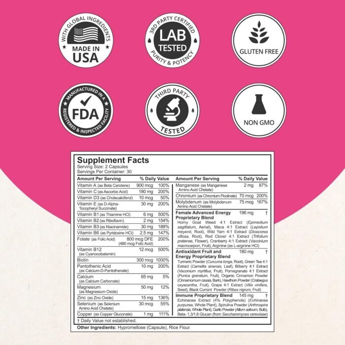 39-in-1 Capsules Horny Goat Weed, Maca, Wild Yam, Red Clover, Cranberry, Arginine, Vitamins, Minerals, Herbals Supplement for Women by Women's Multi 18+ - Support Women's Health - 60 Vegan Capsule - Image 2