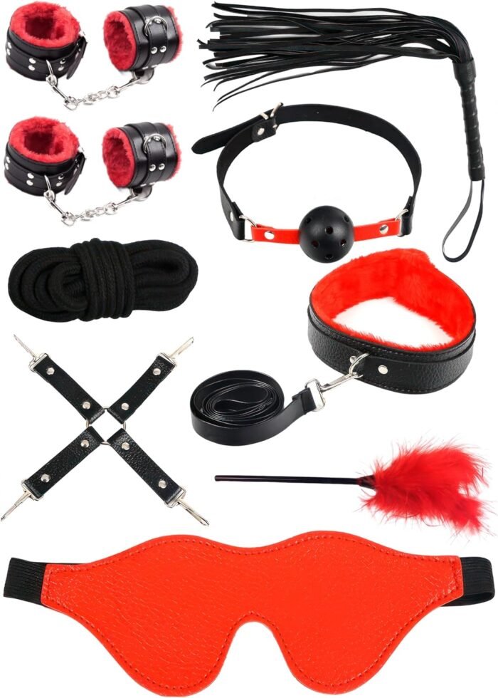 BDSM Toys for Women, Accessories for Adult, Collar with Pulling Belt, Sex Whip, Spanking Feather Tickler, Mask, Breathable Mouth Ball and Handcuffs, Red