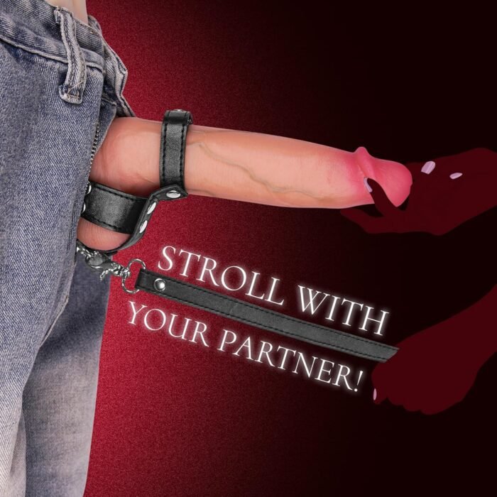 Black Leather Cock Ring Sex Bondage BDSM Testicle Pulling Collar and Leash, Ball Stretcher with Chain Leash, Scrotum Set Reusable Erection Sex Toys for Enhanced Sensual Play and Intimate Exploration - Image 6
