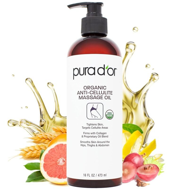 PURA D'OR 16 Oz Organic Anti-Cellulite Massage Oil for Toned Legs and Butt - Lemon Peel Oil, Moringa Oil, Grape Seed Oil, Grapefruit Oil & Eucalyptus Oil - Skin Firming & Tightening