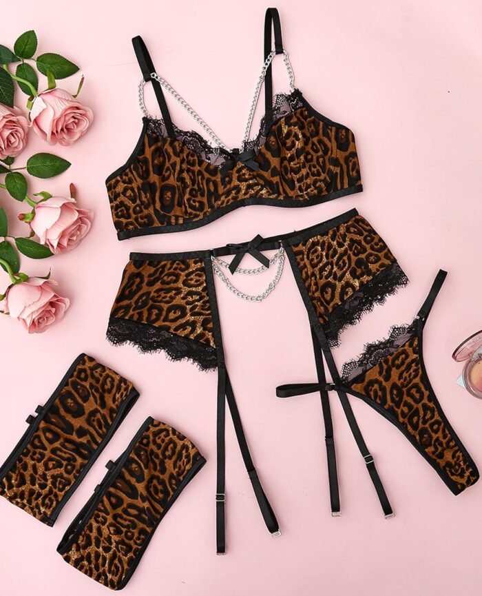 Avidlove Sexy Lingerie Set for Women Sexy Fishnet Lingerie Lace Underwire 4 Piece Sets Chain Bra - Image 6
