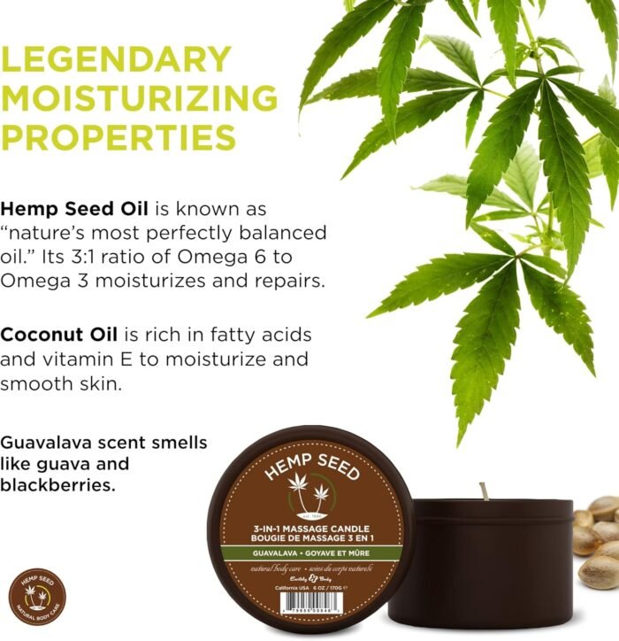 Hemp Seed 3-in-1 Massage Candle, Guavalava Scent - 6 oz. - Candle, Massage Oil & Moisturizer in One - Hemp Seed, Coconut, Apricot & Soybean Oil - Vegan & Cruelty Free - Image 3