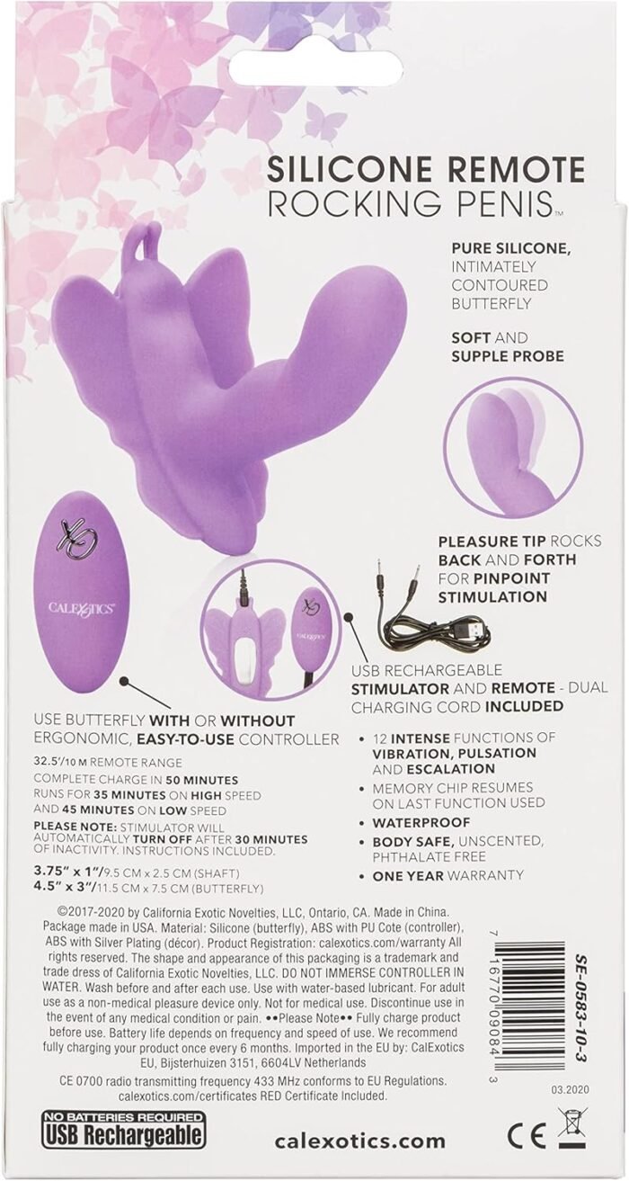 CalExotics Venus Butterfly Silicone Remote Rocking Penis – Hands Free Strap On Personal Massager Probe with Controller – Waterproof Adult Vibrator Sex Toy for Couples - Purple - Image 6
