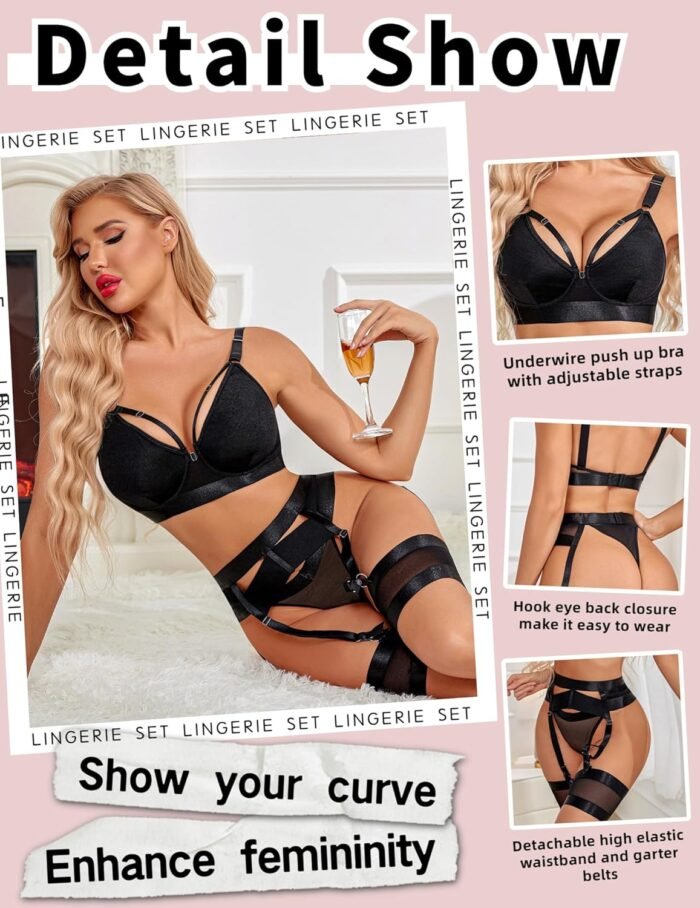 Avidlove Sexy Lingerie for Women with Underwire Strappy Lingerie Push Up 5 Piece Lingerie Set with Garter - Image 4