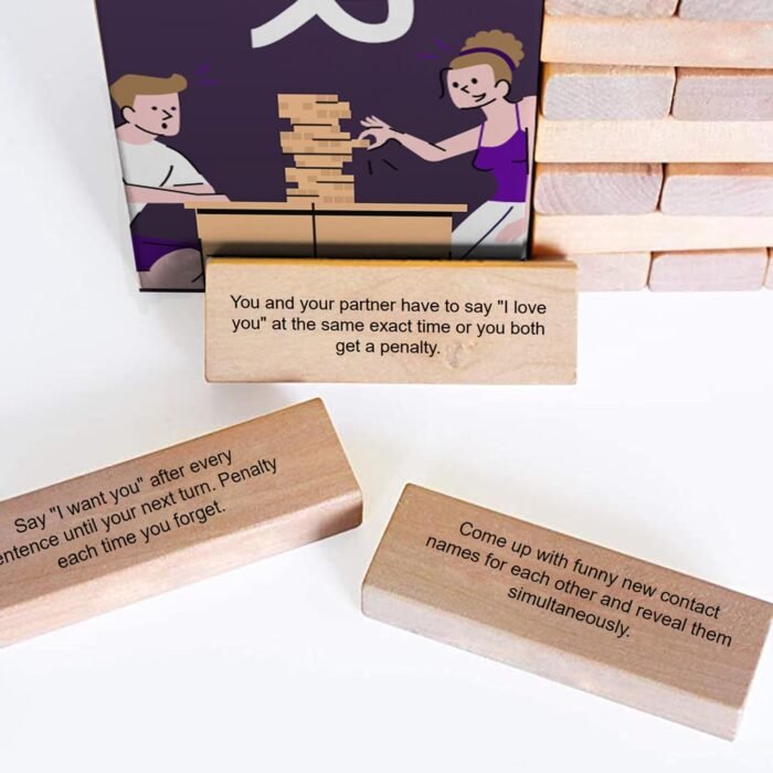 Couples Tower Naughty Stacking Wooden Block Game - for Grown Ups – 54 Romantic & Engaging Questions – Exciting, Pleasing, Spicy, & Funny Challenges - Valentines Day Gift - Make Date & Game Night Fun - Image 8
