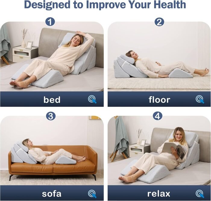 5pcs Orthopedic Bed Wedge Pillow Set, Adjustable Memory Foam, Post Surgery Foam for Back Neck & Leg Pain Relief Support, Acid Reflux, Snoring Reading, Sleeping, Sitting up, Blue - Image 4