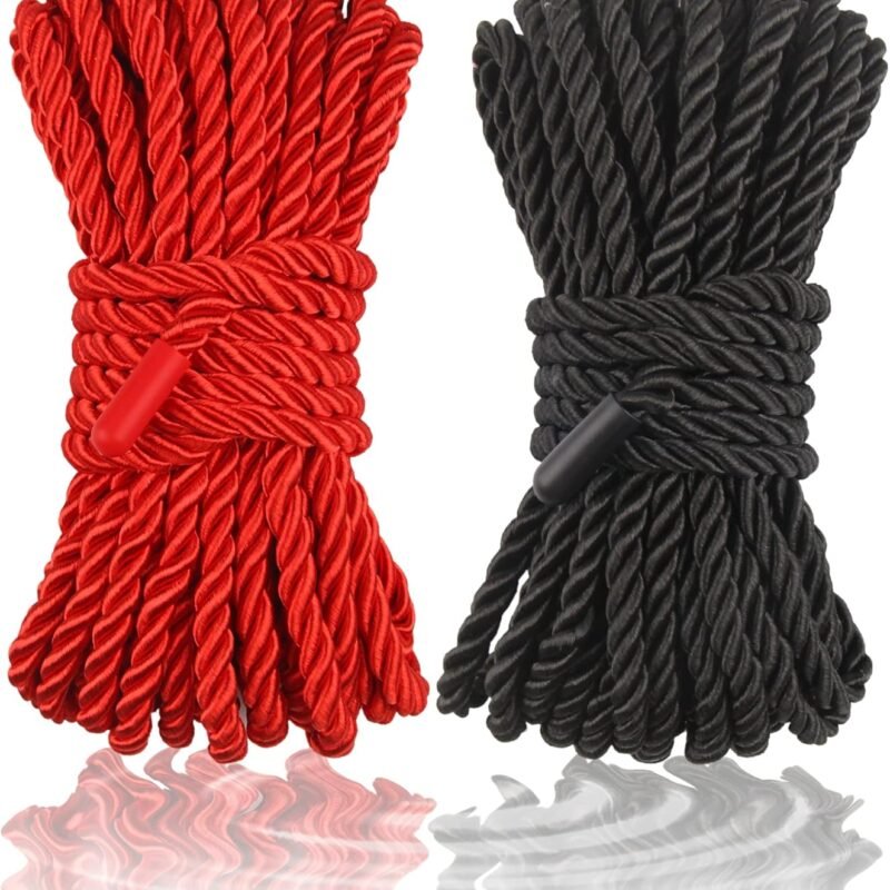 2-Pack Soft Braided Twisted Silk Rope Durable Thick Rope Skin Friendly Smooth Rope 10 Meters/32 Feet 8MM Multipurpose Protecting Ending Decorative Twisted Long Satin Rope DIY Craft Black-Red