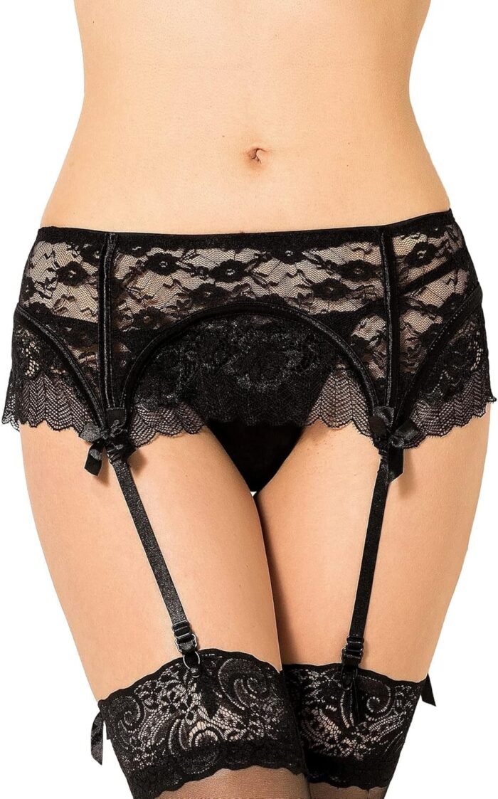 comeondear Eyelash Lace Garter Belts with G-String for Thigh Highs Plus Size Black Garter Lingerie for Women