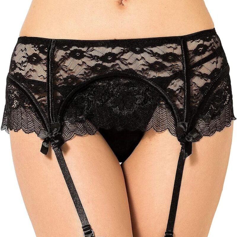 comeondear Eyelash Lace Garter Belts with G-String for Thigh Highs Plus Size Black Garter Lingerie for Women