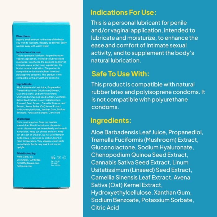 Hello Cake Natural Lube - Aloe-Based Organic Personal Lubricant - Hydrating, Hypoallergenic, pH-Balanced, Non-Sticky, Condom Compatible, for Men, Women, & Couples, 3.3 fl oz - Image 2