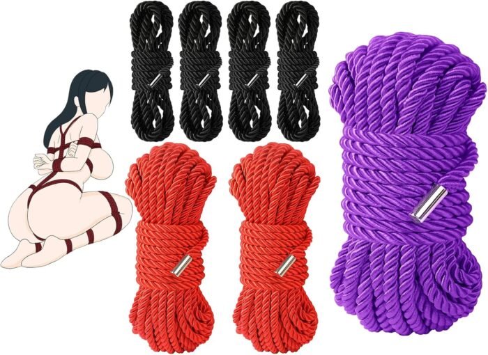 BDSM Couple Intimate Bondage Set - Soft and Multifunctional Sex Rope - Bedroom Adult Bondage Toy - Perfect for Bondage Beginners (4x8ft Black+2x16ft red+32ft Purple)