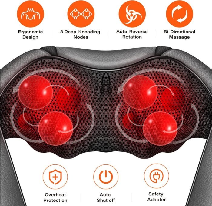 Shiatsu Neck Massager, Electric Neck and Back Massager with Heat, 3D Kneading Massage Pillow for Neck, Back, Shoulder, Muscle Pain Relief, Office & Home & Car Use, Fits for Parents (Gray-button) - Image 2