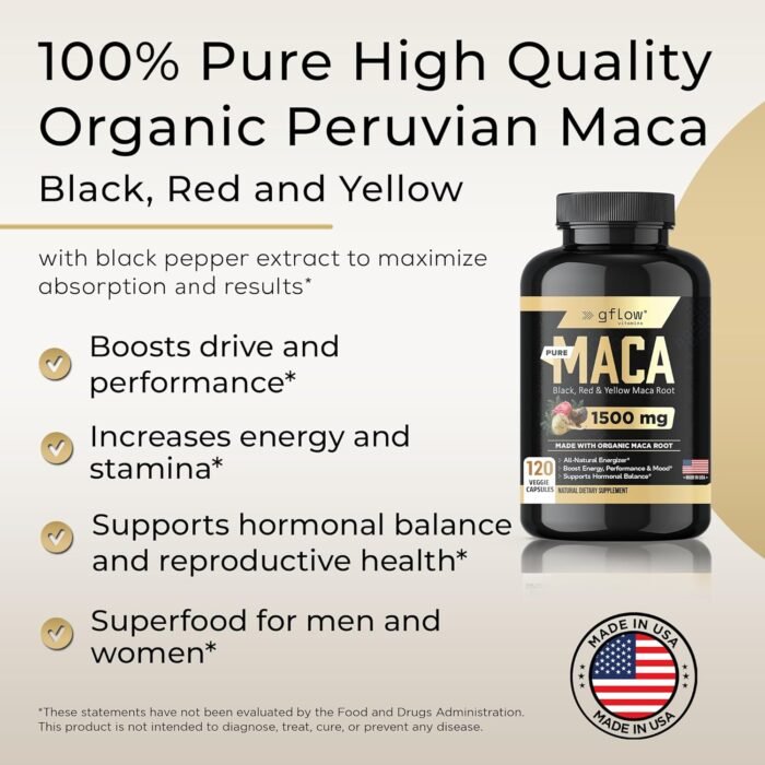 Organic Maca Root Capsules 1500mg - Made with Black, Red, Yellow Peruvian Maca Root Extract & Black Pepper - 120 Vegan Pills - 100% Gelatinized - Supports Energy, Performance & Mood for Men & Women - Image 3