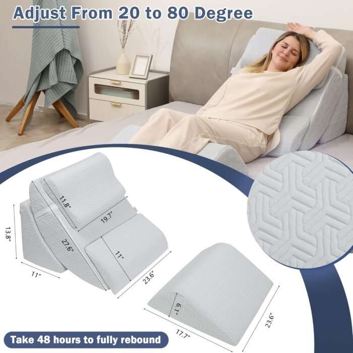 5pcs Orthopedic Bed Wedge Pillow Set, Adjustable Memory Foam, Post Surgery Foam for Back Neck & Leg Pain Relief Support, Acid Reflux, Snoring Reading, Sleeping, Sitting up, Blue - Image 2