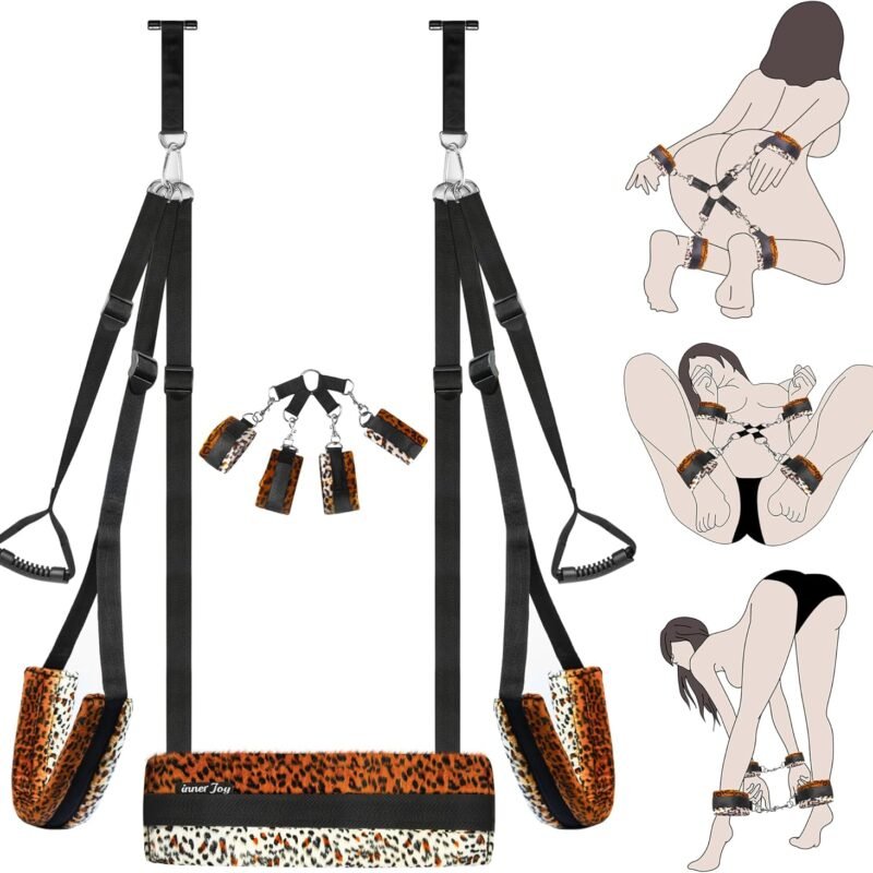 Leopard Print Door Sex Swing & Bondage Slave BDSM Set, Adjustable Shoulder Strap with Plush Seat Cushion, Sex Furniture for Women's Pleasure Adult Sex Games, Holds up to 300 lbs