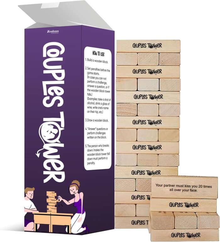 Couples Tower Naughty Stacking Wooden Block Game - for Grown Ups – 54 Romantic & Engaging Questions – Exciting, Pleasing, Spicy, & Funny Challenges - Valentines Day Gift - Make Date & Game Night Fun