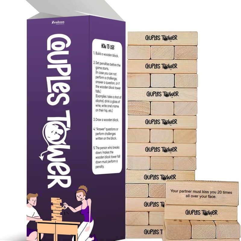 Couples Tower Naughty Stacking Wooden Block Game - for Grown Ups – 54 Romantic & Engaging Questions – Exciting, Pleasing, Spicy, & Funny Challenges - Valentines Day Gift - Make Date & Game Night Fun