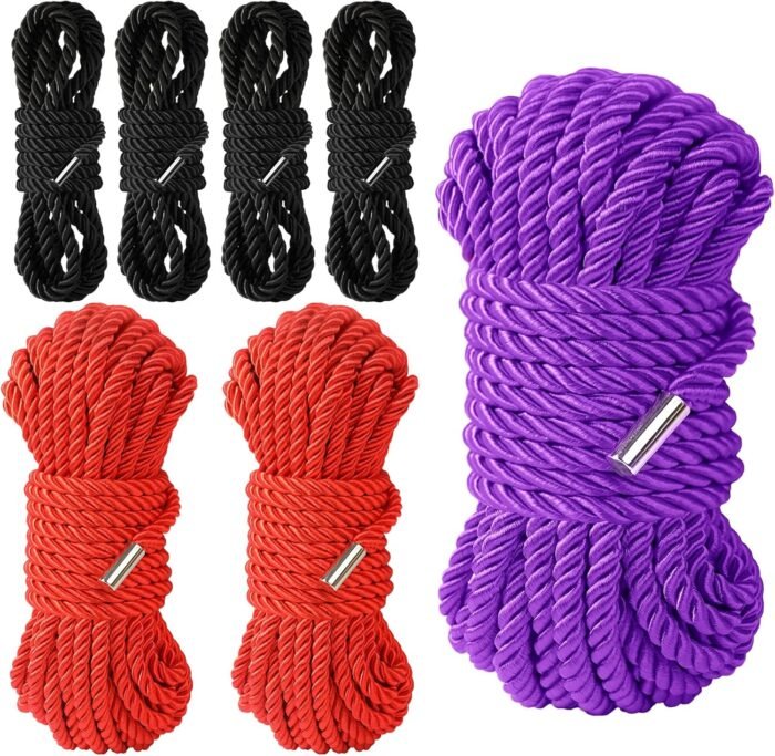 BDSM Shibari Sex Bondage Restraint Rope - Soft Tie-Ups for Women, Long Restraining Multipurpose Sex Restraints, Adult Sex Toys for Women, Men & Couples (4x8ft Black+2x16ft red+32ft Purple)