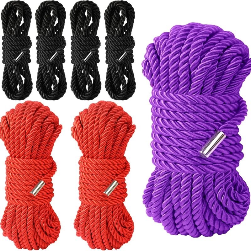 BDSM Shibari Sex Bondage Restraint Rope - Soft Tie-Ups for Women, Long Restraining Multipurpose Sex Restraints, Adult Sex Toys for Women, Men & Couples (4x8ft Black+2x16ft red+32ft Purple)