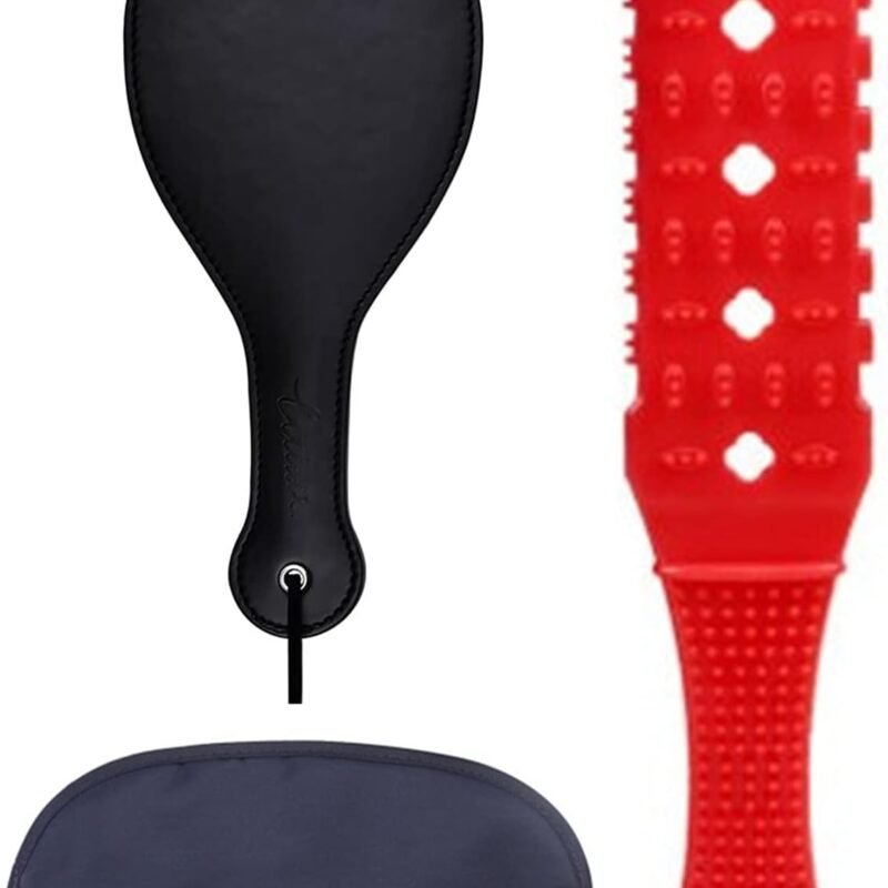3 Pieces SM Spanking Leather Sexual Wide Paddle Red Frisky Textured Silicone Spanking Paddle with Satin Sateen Eye Mask Sex Toys for Couples