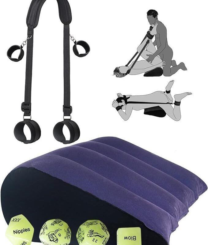 3 in 1 Bed Wedge Pillow, Inflatable Pillow for Couples Soft Portable Positioning Triangle Sofa Pillow Body Positioners Cushion Sex Things for Couples Kinky Play Hand Leg Cuffs Strap Set Sweater Z1