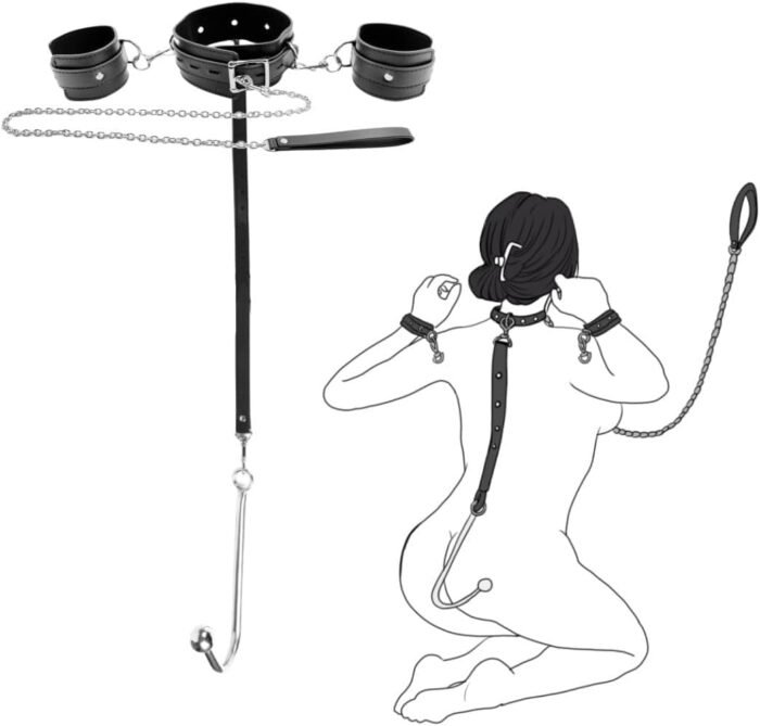 Anal Hook Sex Bondage Restraints Kit BDSM Sex Toys Handcuffs Neck Collar Wrist Cuffs with Traction Chain Adjustable Sex Game for Adults Couples