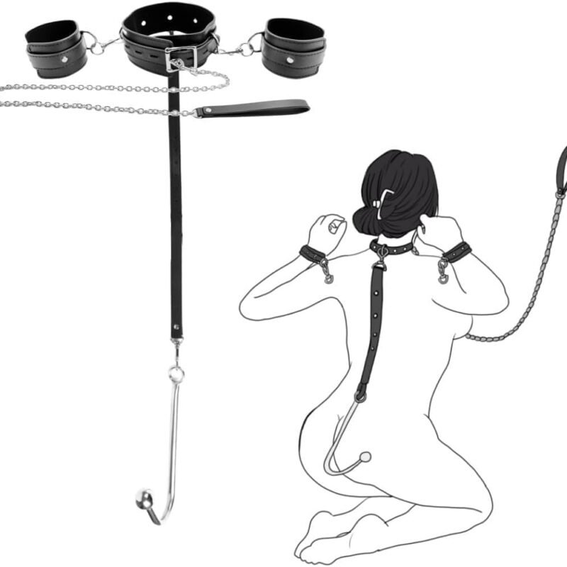 Anal Hook Sex Bondage Restraints Kit BDSM Sex Toys Handcuffs Neck Collar Wrist Cuffs with Traction Chain Adjustable Sex Game for Adults Couples