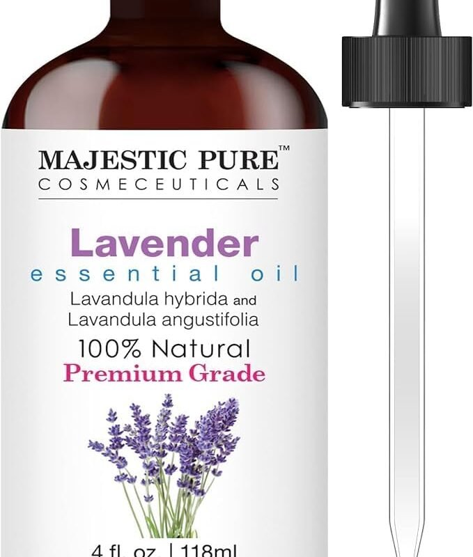 Majestic Pure Lavender Essential Oil with Glass Dropper | 100% Pure and Natural Lavender Oil | Premium Grade Essential Oils for Diffusers, Skin, Aromatherapy, Massage | 4 Fl Oz