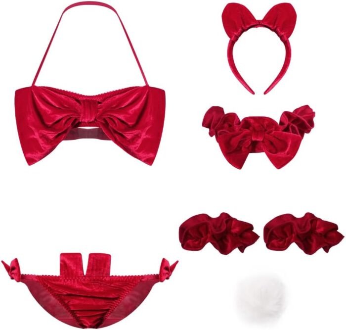 Women Christmas Cosplay Outfit Cute Bow Bra and Panty Set Velvet Sexy Santa Babydoll Lingerie Self Tie Strappy Bikini - Image 7