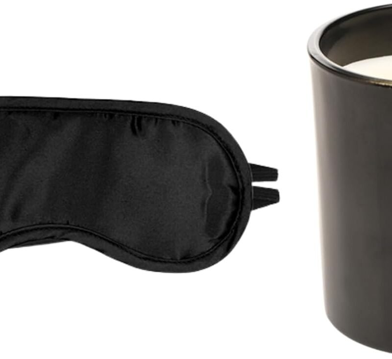 Massage Candle & Satin Blindfold Gift Set - Vanilla Scented Moisturizing Coconut Soy Wax - Valentine's Day Romance Set (Black)