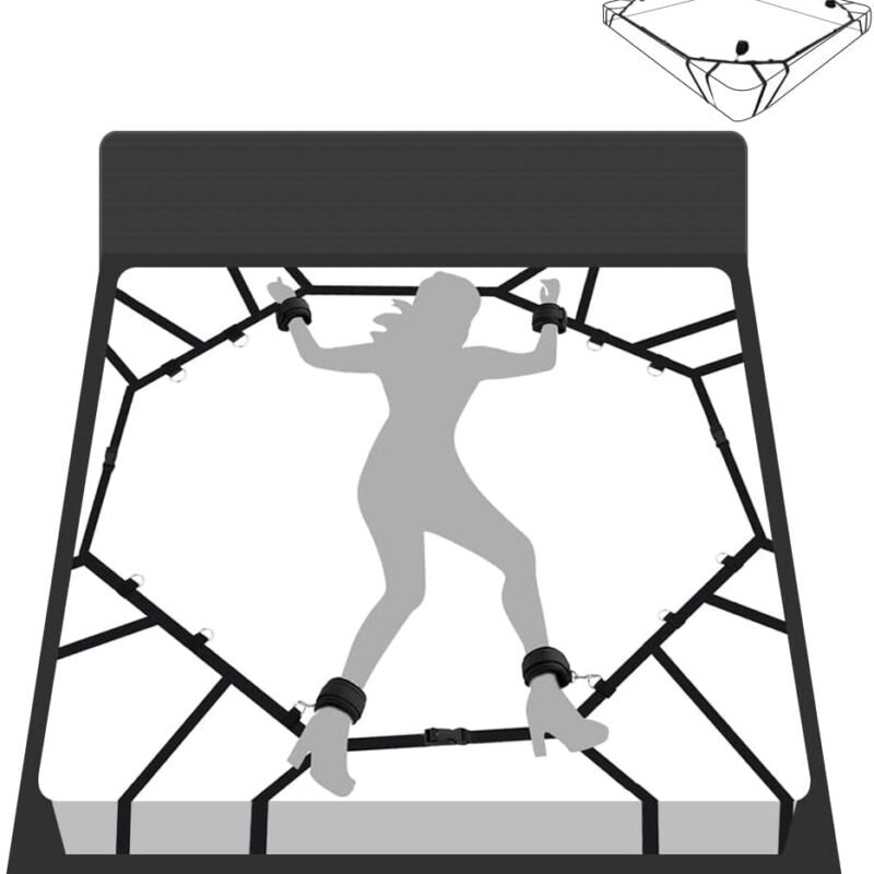 BDSM Bondage Straps Kit Bed Sex Toy for Couple SM Game with Handcuffs,Bed Straps Restraints Adjustable Length No Need of Helping 1 Minutes Quick Installation (Black)