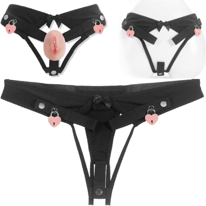Male Chastity Belt Chastity Sexy Underwear Sex Toys BDSM Bondage Device, Realistic Pussy Cock Penis Cage Lock, Adjustable Feminizer Training SM Game Sex Toy for Gay Sissy Men (L-Black Belt)