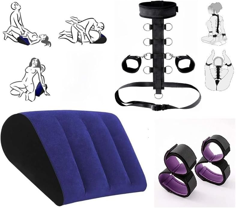 3 in 1 Wedge Pillow Inflatable Cushion,Portable Sex Furniture for Bedroom,Sex Things for Couples Kinky Play Hand Leg Cuffs Strap Set Ankle Wrist Restraints for Couple Under Queen Bed Sweater I25