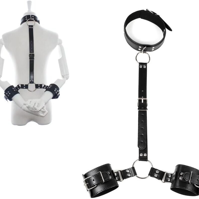 Neck to Wrist BDSM Bondage Restraints kit Beginner Behind Back Handcuffs Collar Adjustable Straps Handcuffs Sexy Restraints for Adults Couples Bed Game SM Sex Toys