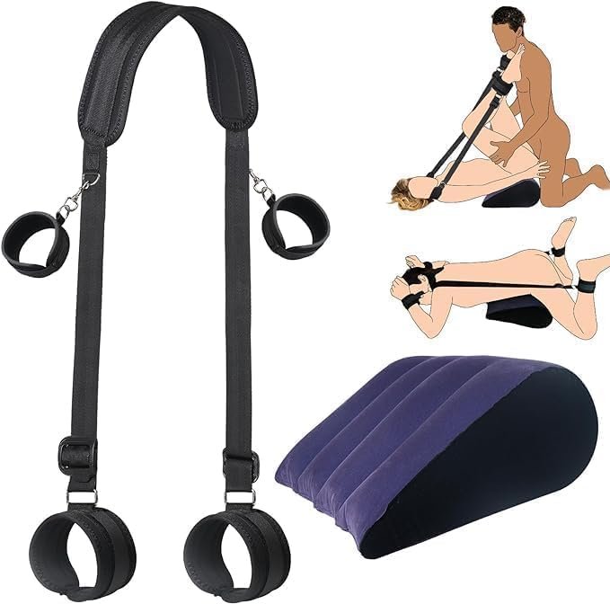 2 in 1 Bed Wedge Pillow, Inflatable Pillow for Couples Soft Portable Positioning Triangle Sofa Pillow Body Positioners Cushion Sex Things for Couples Kinky Play Hand Leg Cuffs Strap Set Sweater GDE2