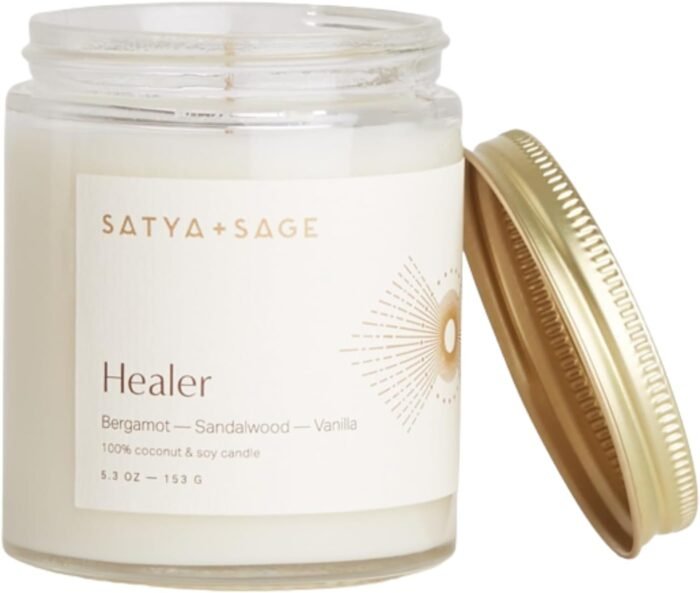 Satya+Sage Luxury Aesthetic Scented Candle (Healer, 5oz – Oud, Sandalwood, 29 Hours) | All Natural, Non-Toxic Coconut and Vegan Soy Wax w/Essential Oils for Massage, Relaxation | Hand Poured in USA