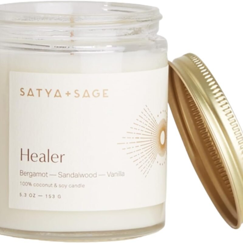 Satya+Sage Luxury Aesthetic Scented Candle (Healer, 5oz – Oud, Sandalwood, 29 Hours) | All Natural, Non-Toxic Coconut and Vegan Soy Wax w/Essential Oils for Massage, Relaxation | Hand Poured in USA