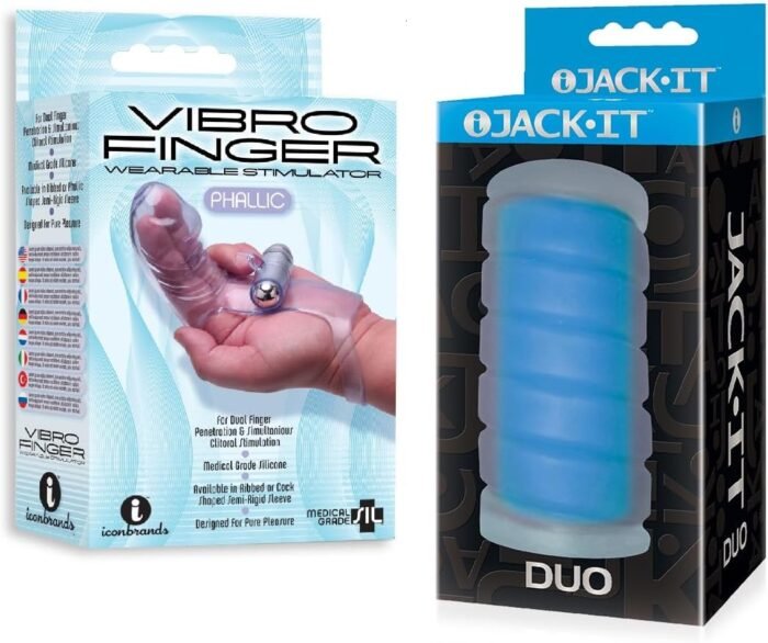 Sex Toy Couples kit of VibroFinger, Finger Massager, Purple and Icon Brands Jack-It Duo, Sky Blue