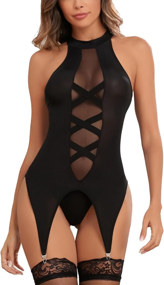 Ladies & Men's story Women Sexy lingerie Cami Garter Lace Up Basque Set with Panty