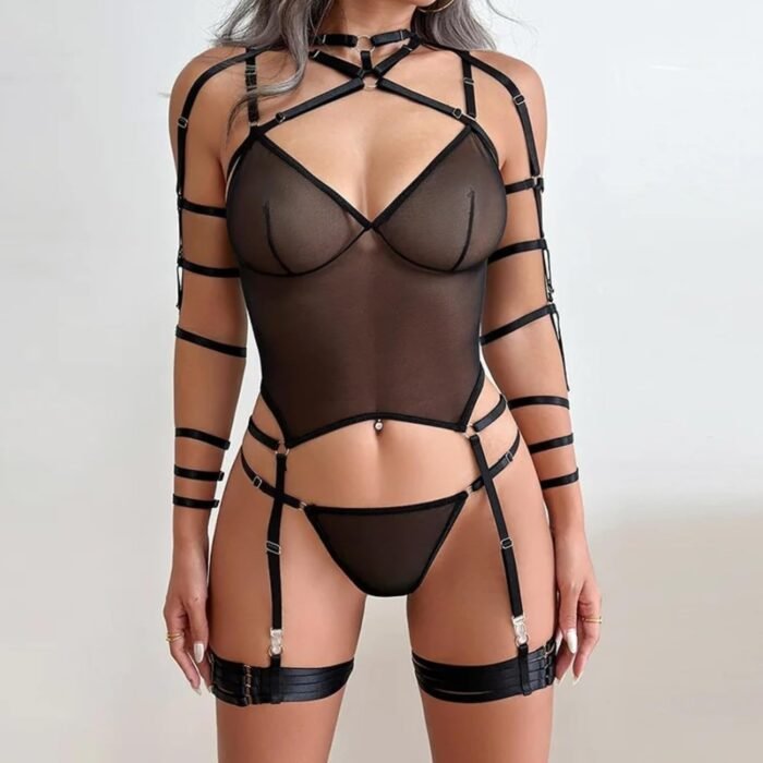 Bound Beauty Lingerie Strappy Black Outfit Mesh for Women Choker Sexy Lingerie Bodysuit Set Slutty Naughty Costume - Image 2