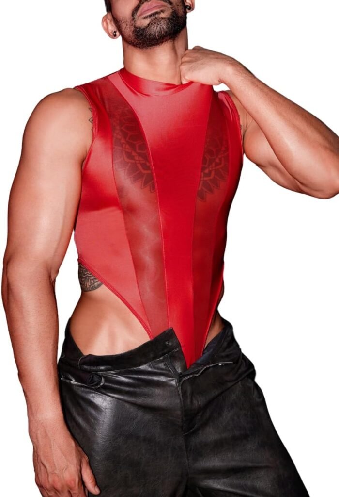 Mens Sexy Lingerie, Hook Crotch Thong High Cut Bodysuit Top Rave Outfit, Glossy Mock Neck Sheer Singlet Muscle Suit