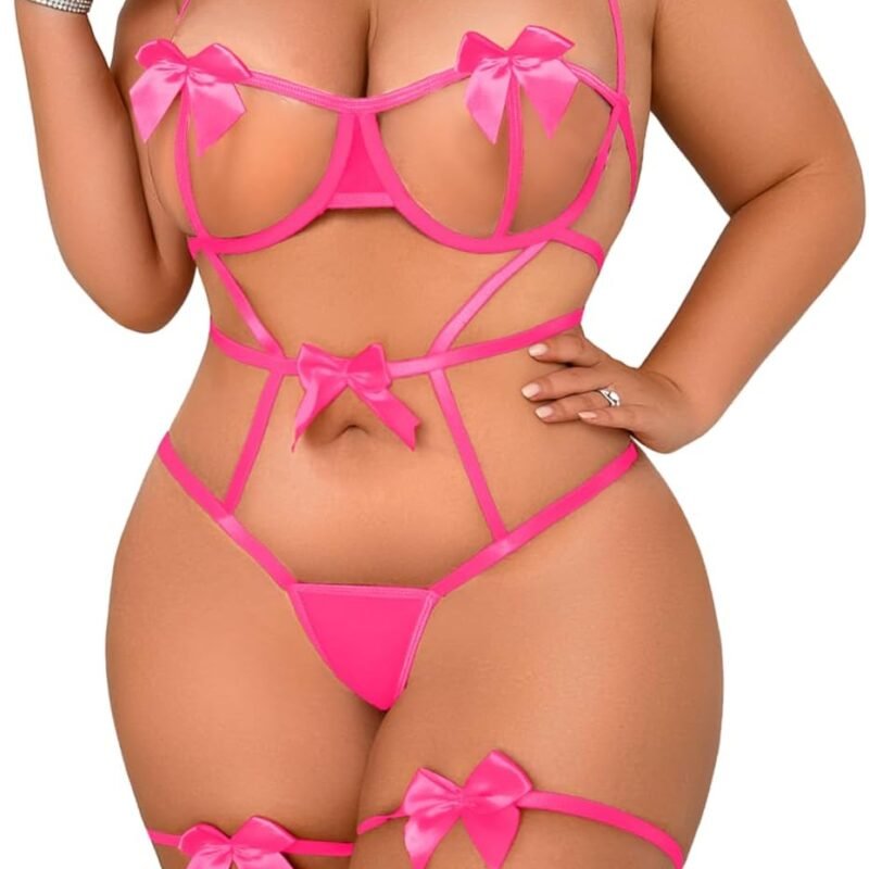 Kaei&Shi Plus Size Ribbon Bow Lingerie Women, Exotic Underwire Bowtie Lingeries Bodysuit
