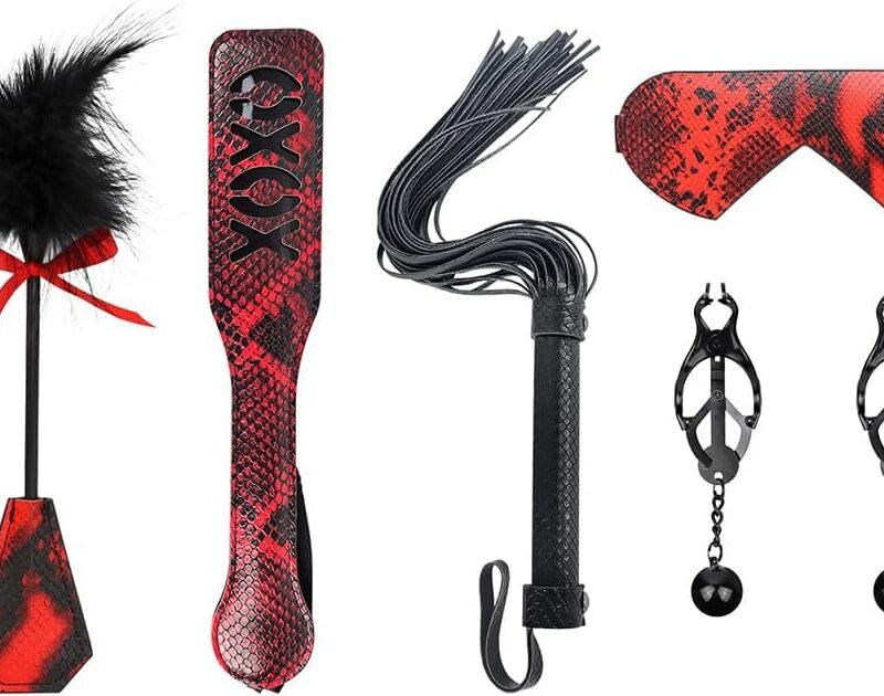 5PCS Restraints Kit with Feather Tickler & Paddle & Flogger & Blindfold & Nipple Clamps for Adult Women Men Games Play (Black Red)