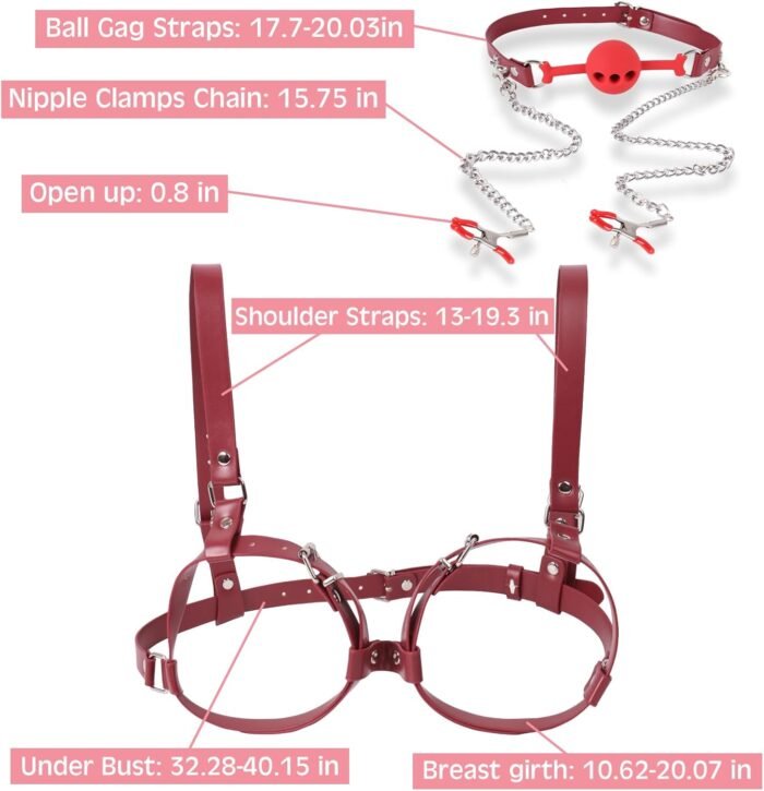 BDSM Sex Bondage Breast Restraints, B to D Cup Chest Harness Boobs Cincher with Silicone Ball Gag & Nipple Clamps, Sex Harness Kinky Lingerie Bra SM Games Sex Toys for Women Couples Beginner (Red) - Image 6
