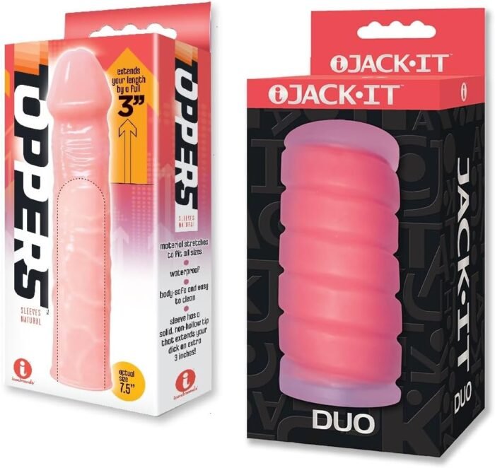 Sex Toy Couples kit of Toppers - Natural, Extender Sleeve and Icon Brands Jack-It Duo, Cherry