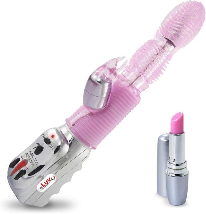LeLuv Rabbit Vibrator Nirvana Ribbed Twirling Multispeed Pink Bundle with Secret Lipstick
